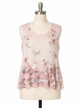 Women’s Pink Sleeveless Top Open Knit Floral/Butterfly Patterned Overlay Casual